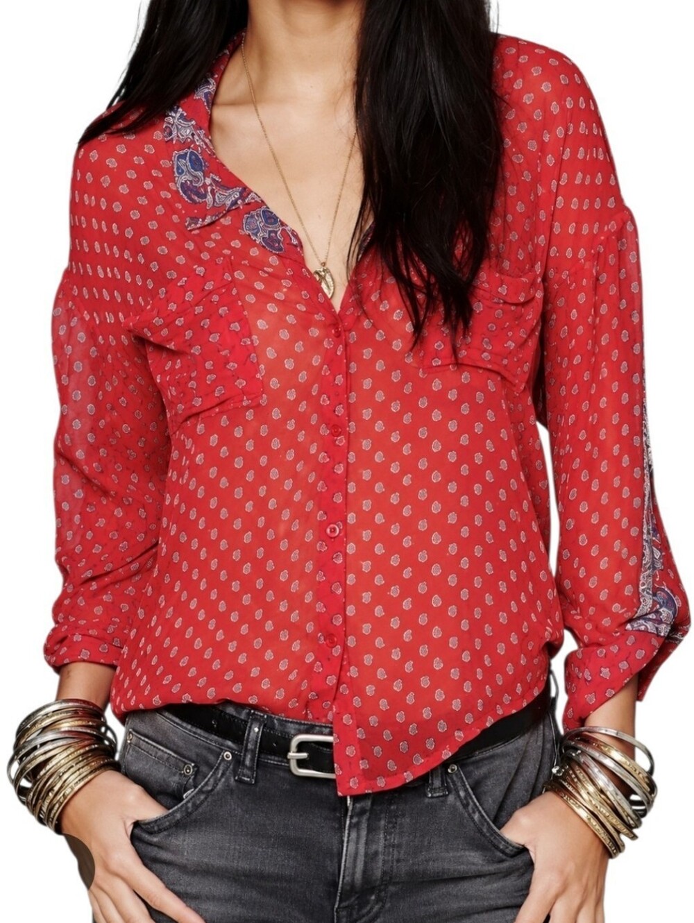 Free People Easy Rider Sheer Red Medallion Print Blouse Boho